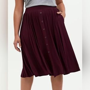 Torrid Midi Super Soft Button-Front Burgundy Purple Wine Maroon Skirt 2X